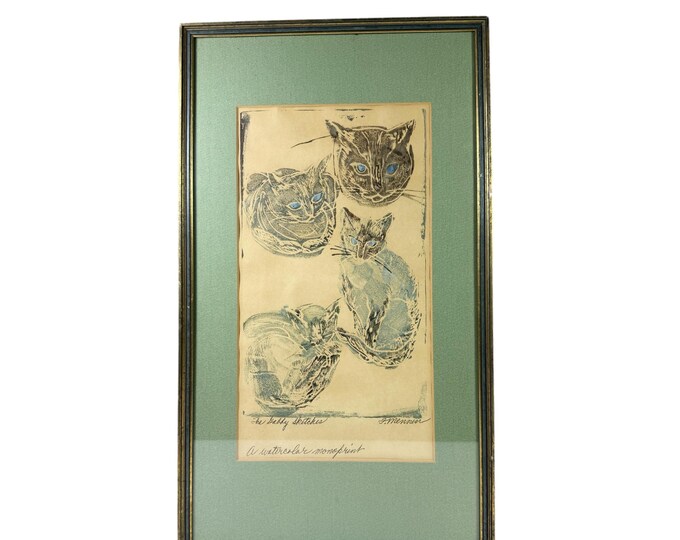 Fannie Mennen Woodcut Block Print Cats | The Gabby Sketches Cat | Plum Nelly Art Show Watercolor | Siamese Blue Eyed Cat | Framed Wall Decor