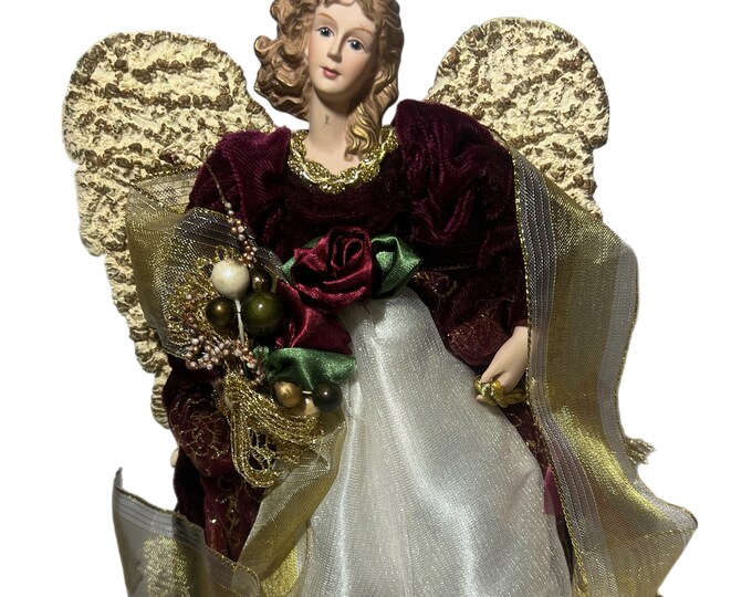 Vintage Angel Tree Topper Resin | Velvet Dress Burgundy Roses | Christmas Tree | Gold Wings