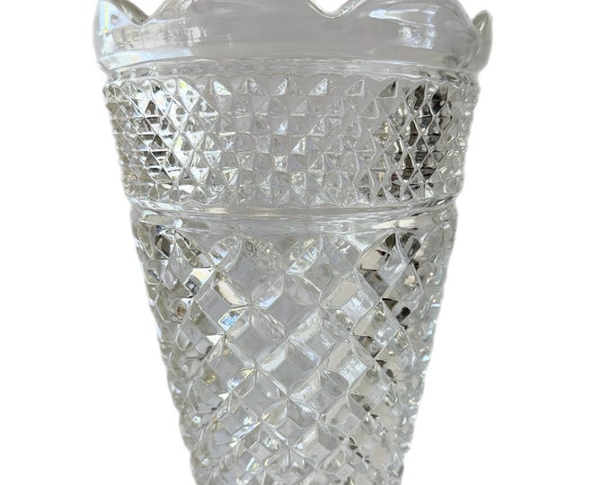 Flower Vase  Footed Centerpiece | Anchor Hocking Wexford |  Pressed Glass Diamond Point | Glassware  | Scalloped Edge | Lead Crystal Glass