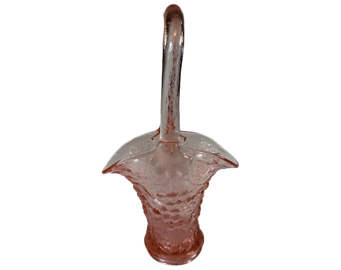 Pink Glass Vase Basket | Imperial Depression Handblown Glassware | Embossed Grape Handled | Decorative Accents Home Decor Collectible