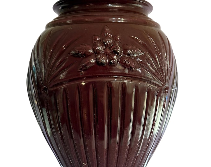 Vintage | Tall Floor | Anchor Hocking Cambridge Glass Vase  |  Burgundy Maroon | Reverse Enamel | 80s Retro | Embossed Floral