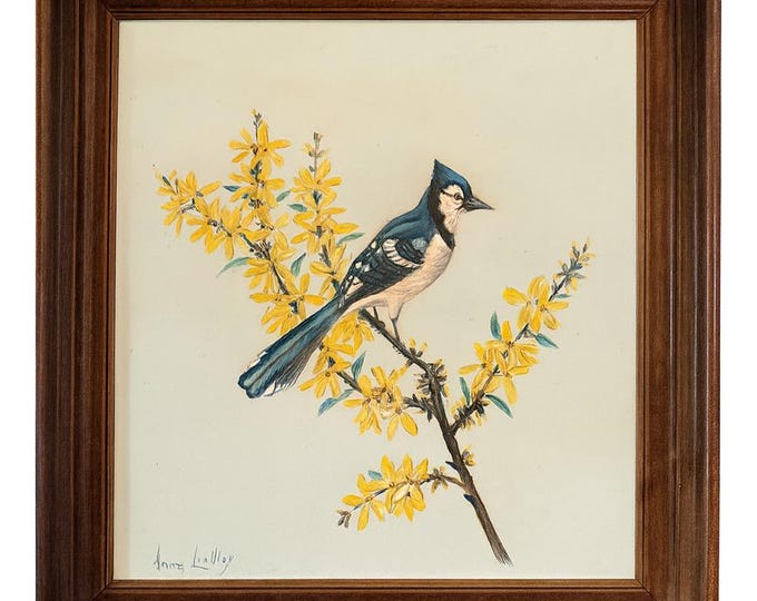 Blue Jay on Limb Acrylic Wall Painting | Hand painted Annie Lindley Wood Frame Bird Art | Wall Hanging Decor | Traditional Wildlife Original