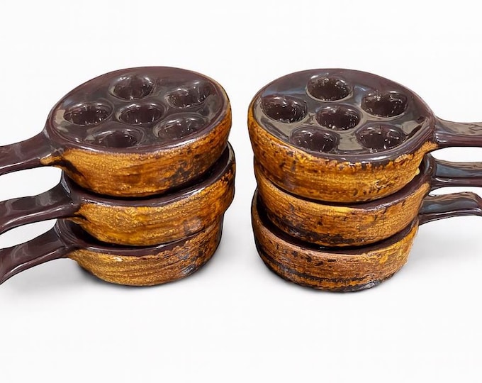 Escargot Plates Handled Snails Seafood Dishes France | Vintage Stoneware Clay Pottery French 6 Slots | Kitchenware Hostess Serving Dishes