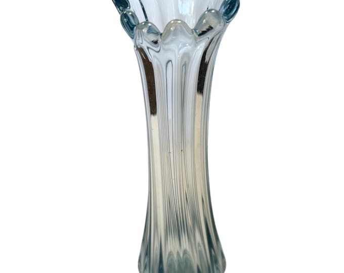 Vintage | Mid Century MCM | Blue Opaque Swung Stretch Vase 9.5" With Ribbed Base | Shelf Home Decor | Flower Floral Vase