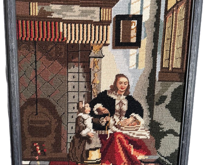 Vintage | Pieter de Hooch |  Handmade Needlepoint & Petit Point | Renaissance Tapestry Dutch | Woman Child Scene | Framed Wall Decor Art