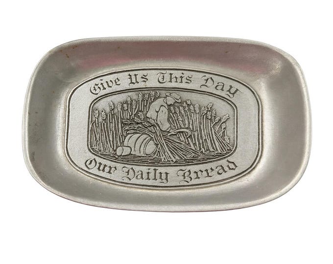 Serving Tray | Wilton Armetele Pewter "Give Us This Day Our Daily Bread" Covered Bread | Religious Home Decor Christian Wedding Gift