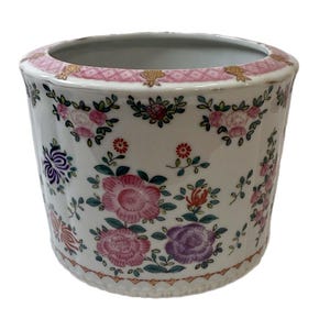 Vintage | Chinoiserie Jardiniere Cache Pot Planter | Hand painted | Blossoms Flowers | Pink Purple Green | Grand Millennial | Japan Made
