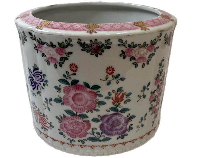 Vintage | Chinoiserie Jardiniere Cache Pot Planter | Hand painted | Blossoms Flowers | Pink Purple Green | Grand Millennial | Japan Made