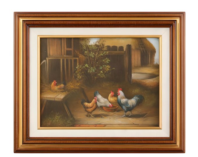 Oil Painting Wall Art | Barnyard Chickens Rooster Bird Animal Canvas Framed | Wood Vintage Farmhouse Cottage Core Granny Core Kitchen Art