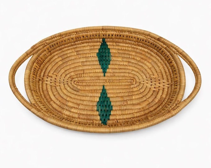 Serving Basket Tray Handled  Woven Wicker African Handmade Vintage Turquoise Design Coiled Raffia Home Decor Decorative Accents