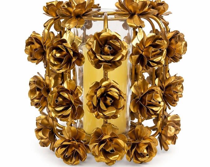Candle Holder Vase Metal Flowers Roses Table Centerpiece Brushed Gold  Vintage Table Top Wedding Outdoor Indoor Porch Decor Romantic Glass