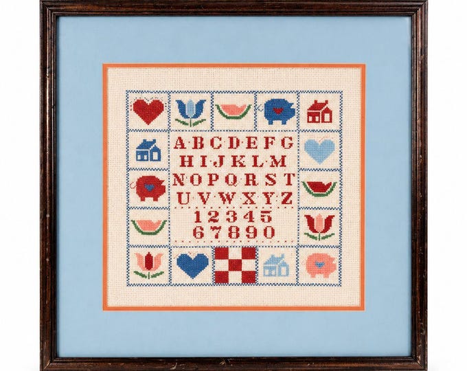 Framed Cross Stitch Sampler Alphabet Pig Heart Flower Watermelon Primitive Country Farmhouse Cottage Core Granny Core