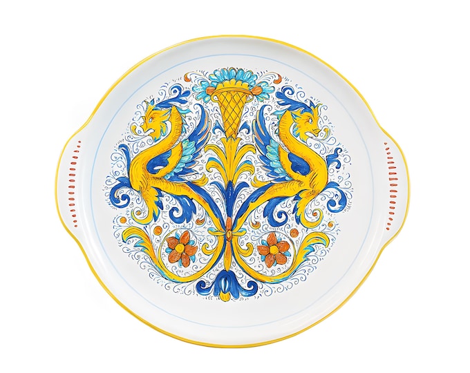 Serving Appetizer Platter Tray Handled Cake Plate Raffaellesco Ricco Nova Deruta Hand Painted Italian Art Pottery | Dragons Majolica Ceramic