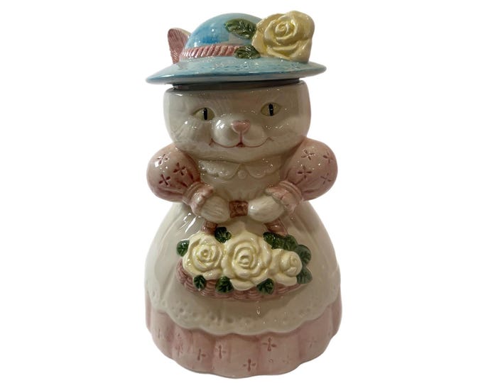Cat Cookie Jar Mama Grandma Cat Ceramic Albert Price Vintage Victorian Country Hat Flowers Farmhouse Grandma Cottage Core Kitchenware