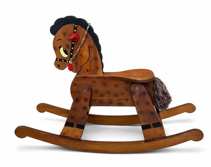 Wooden Rocking Horse Handmade Hand Painted Children Kid Size Vintage Folk Art Cottage Granny Core Yarn Mane Primitive Country Farmhouse