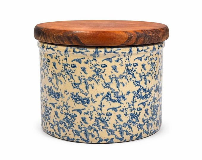 Pottery Crock Low Quart Robinson Ransbottom Co Blue Spongeware Wood Lid Vintage Hand Painted Kitchenware Farmhouse Primitive Country Granny