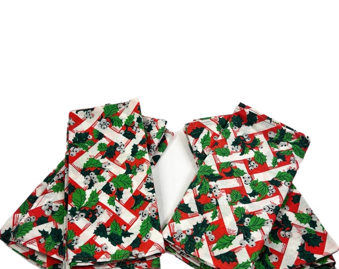 Set 11 | Mid Century | Vintage | Lattice | Holly Red Green | Napkins Hostess Holidays | Retro