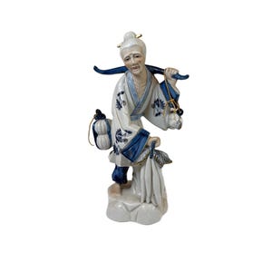 Asian Figurine Statue Qing Dynasty | Blue White Chinoiserie Old Lady | Ceramic Porcelain | Home Decor Decorative Accents | Shelf Decor