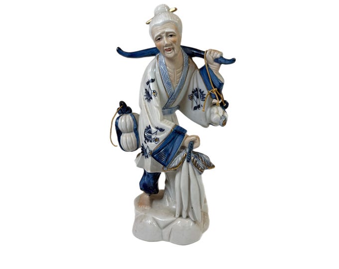 Asian Figurine Statue Qing Dynasty | Blue White Chinoiserie Old Lady | Ceramic Porcelain | Home Decor Decorative Accents | Shelf Decor