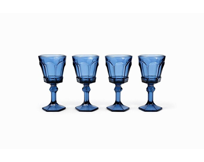 Wine Glass Goblet Set 4 Stemmed Claret Footed Vintage Fostoria Virginia Dark Blue Replacement Glassware Barware Drinkware
