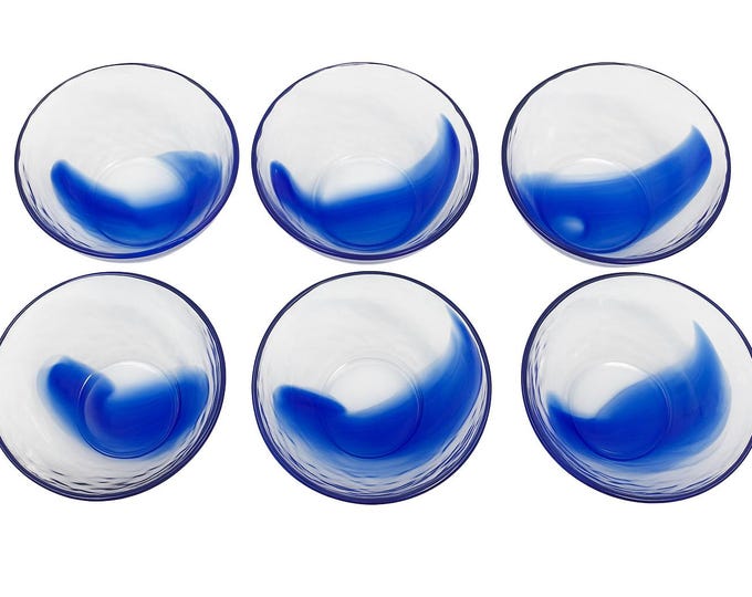 Dinner Soup Fruit Dessert Bowls Textured Glass | Murano Bormioli Rocco Art Glass Opal Opalescent Cobalt Blue Set 6 | Hand Blown Replacement