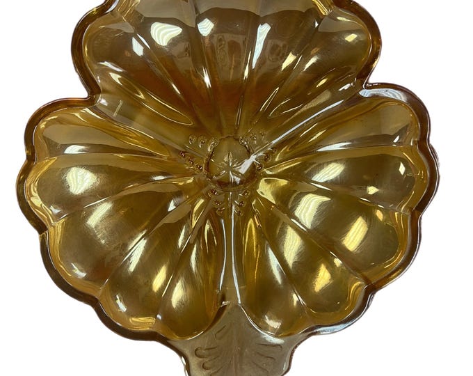 Vintage Amber Opalescent Flower Floral  Marigold Carnival Glass 3-Leaf-Clover Candy Dish | Nut Dish | Small dish