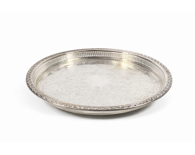 Round Pedestal Cake Stand Lazy Susan Spring Flowers Silver Plated Wm Rogers & Sons Pierced Edge Reticulated Tray Server Hostess Serving