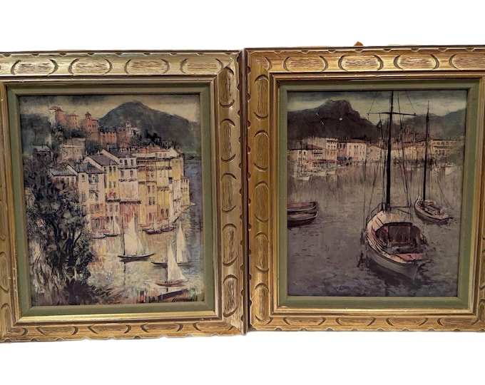 Vintage Pair of Framed Art Prints by Alex Yaworski|  Signed Lithograph | Mid-Century Modern | Italian Coastal Harbor Boats | Wall Decor Art