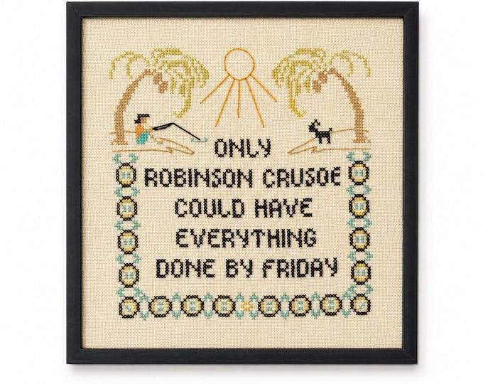 Framed Needlwork Cross Stitch Humor Only Robinson Crusoe Could Have Everything Done By Friday Vintage Gallery Wall Art Home Decor