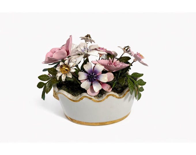 Ted Arnold Flower Bouquet Metal Enamel Cache pot Porcelain and Enamel Brass Mini Vase Miniature Collectible Home Decor Decorative Accents