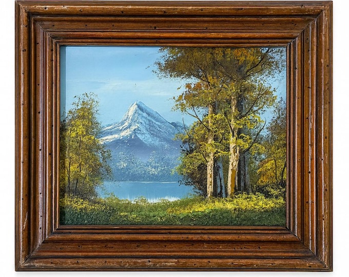 Original Landscape Oil Painting of Mountains & Forest - Lake Scene - Framed Signed Original Oil Painting - Mid Century Artwork