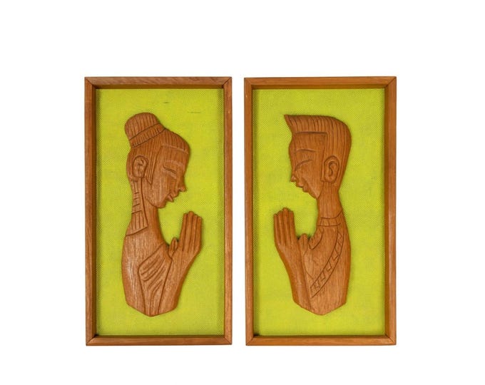 Wall Art Set Pair 1960s Couple in Meditation Prayer Framed Carved Teak Vintage Mid Century 60s Home Decor Retro Indonesia Thailand Cultural