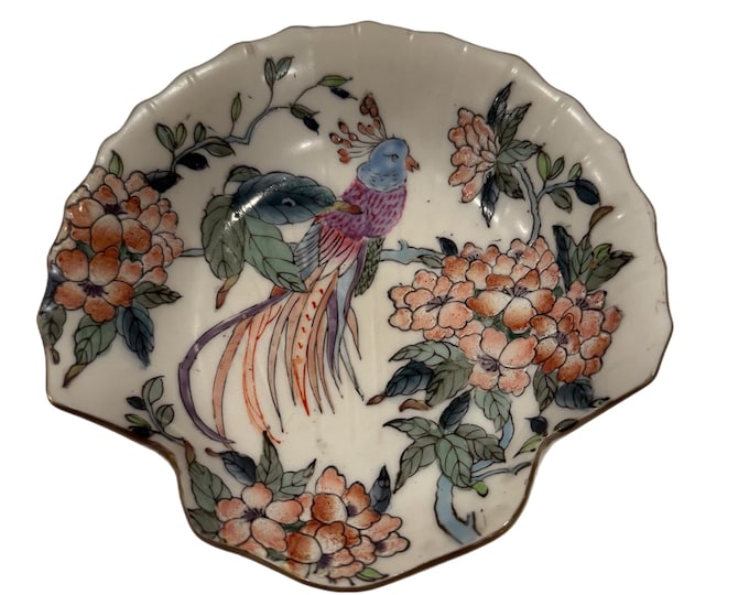 Vintage Chinoiserie | Toyo Asian | Hand Painted | Floral Peacock | Fluted Oval Porcelain Dish | Soaps | Ring Trinket Dish | Shell Shaped