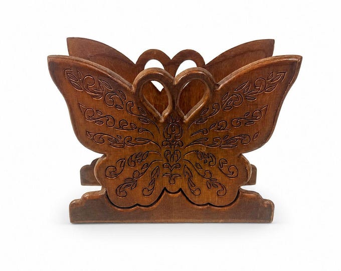 Wooden Napkin Letter Holder Butterfly Carved Retro Mid Century Folk Art Kitchen Home Decor Wood Kitchenware
