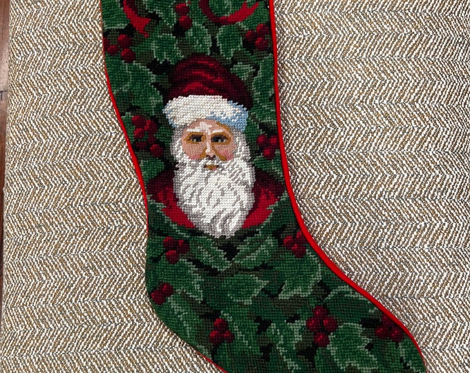 Traditional | Mantle | Needlepoint Christmas  Stocking Santa Stocking | Holly, Berries | Velvet