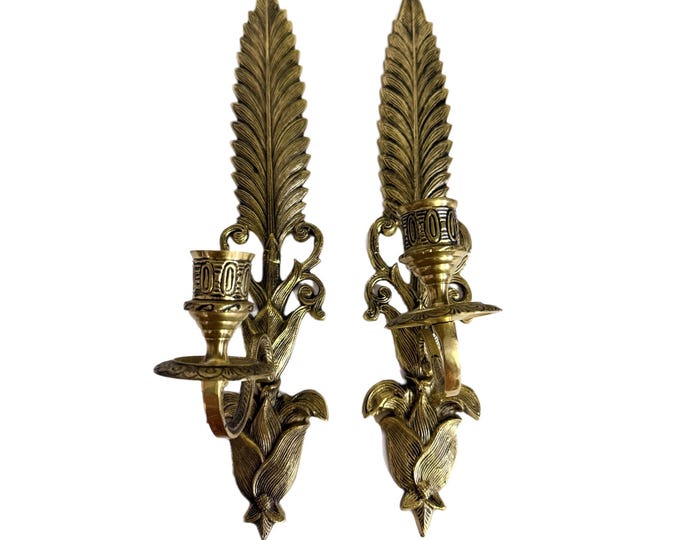 Lacquered  brass Wall sconce candle holder | India Indian French Rococo style  | Pair set 2 | Metal Ornate Gold Detailed Wall Home Decor