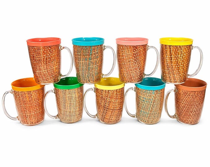 Coffee Mugs Raffiaware Thermal Insulated Melmac Burlap 4.5” Pastels MCM Set of 9 Clear Handle Tiki Barware Serveware Mid Century Kitchen