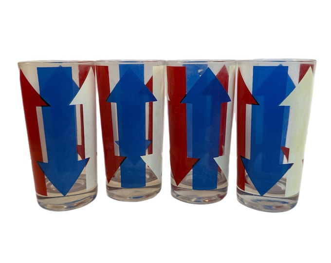 Vintage Mid 20th Century Cera Red, White & Blue Highball/Tall Bar Glasses - Set of 4 | Patriotic Memorial July 4th America | Arrow Design