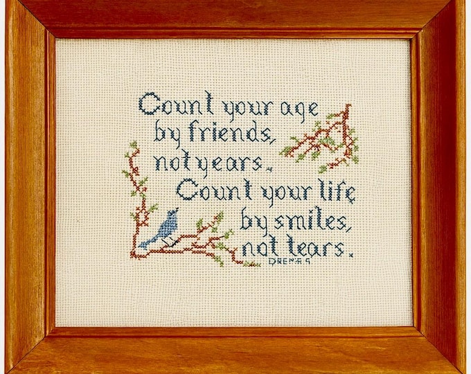 Cross stitch completed framed Count Your Age quote Wall Decor Vintage