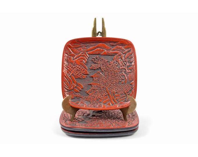 Appitizer Plates Set 3 Vintage Japanese Cinnabar Lacquer Ware Oriental Pagoda Gallery Wall Decor Traiditional Chiniosiere Replacement China