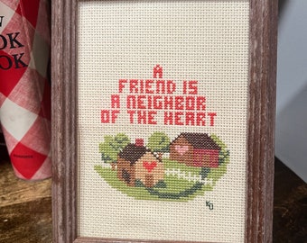 Vintage | Small framed cross stitch | A friend is a Neighbor of the Heart | Houses | House warming gift | Sentimental | Gratitude