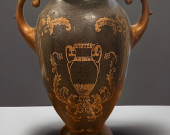 Vintage | Grecian Urn | Brown Gold Handles Cermaic Floral | Gilded Vase