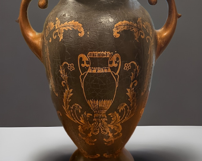 Vintage | Grecian Urn | Brown Gold Handles Cermaic Floral | Gilded Vase