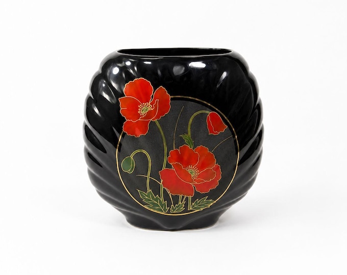 Oriental Vase Black Gloss Porcelain Red Poppies Flowers Poppy Fine China Japan 80s Retro Gold Embossed Home Decor Decorative Accents