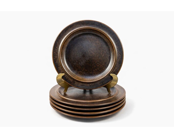 Ironstone Salad Plates Set 5 Vintage Arabia of Finland Ruska Stoneware Pottery Replacement China Mid Century Brown