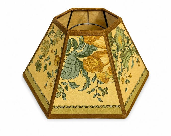 Hurricane Lamp Shade Sexagon Mid Century Lampshades Fabric Floral Chimney Fitter 6 sided Oil Lamp Vintage Flowers Gold Trim Handmade