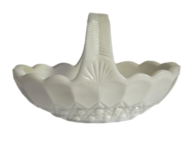 White Milk Glass Basket Trinket Dish Bowl | Kemple Hobstar and Fan Ruffled Edge | Split Handle Hand Cut | Cottage Granny Core Wedding Decor