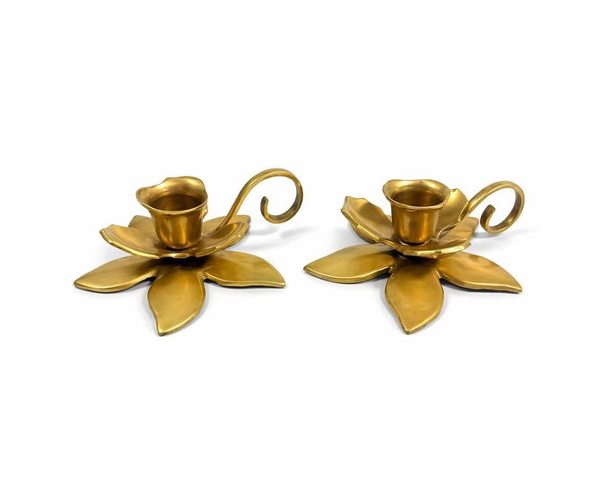 Solid Brass Taper Candle Holders Flower Magnolia Petal Leaf Floral Set 2 Pair Vintage Southern Decor Tablescape Holiday Entertaining