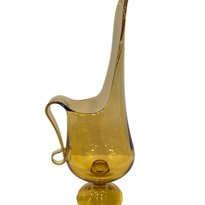LE Smith | Swung Glass Pedestal Pitcher Vase | Mid Century |  14&quot; Tall Amber Wheat MCM Pedestal Wine Pitcher | Art Glass | Pulled Spout