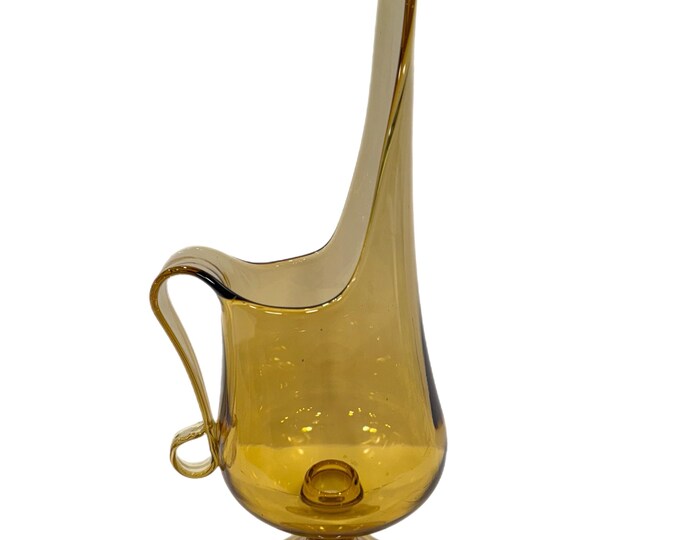 LE Smith | Swung Glass Pedestal Pitcher Vase | Mid Century |  14" Tall Amber Wheat MCM Pedestal Wine Pitcher | Art Glass | Pulled Spout
